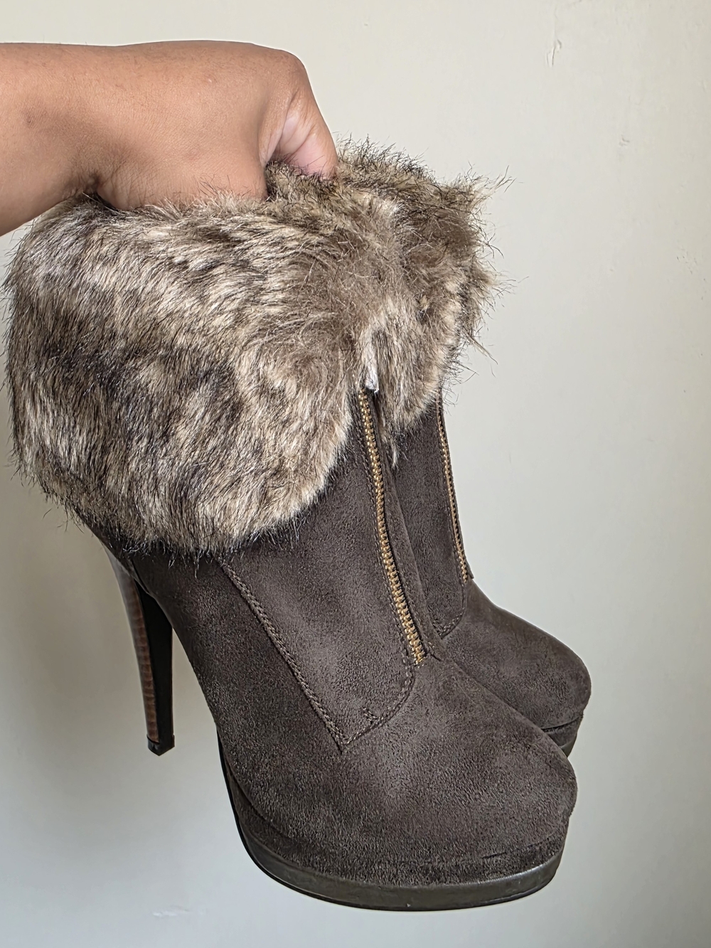 Fur Trim Brown Suede High-Heel Booties